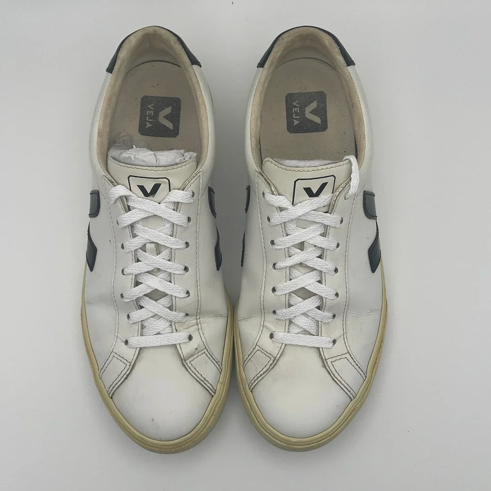 Veja Women 8 White Black Esplar Leather Low Top Sneakers Logo